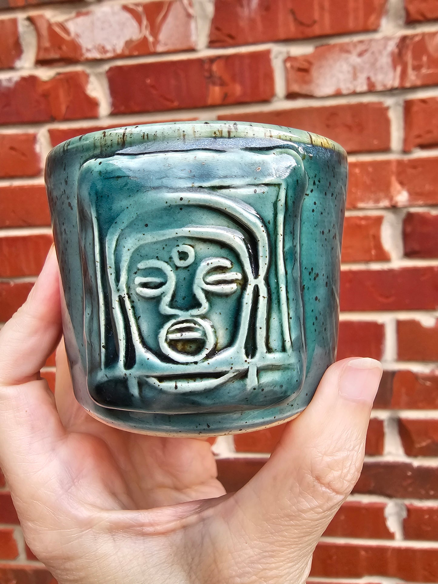 Rainforest Buddha Face Mug with Carved Handle