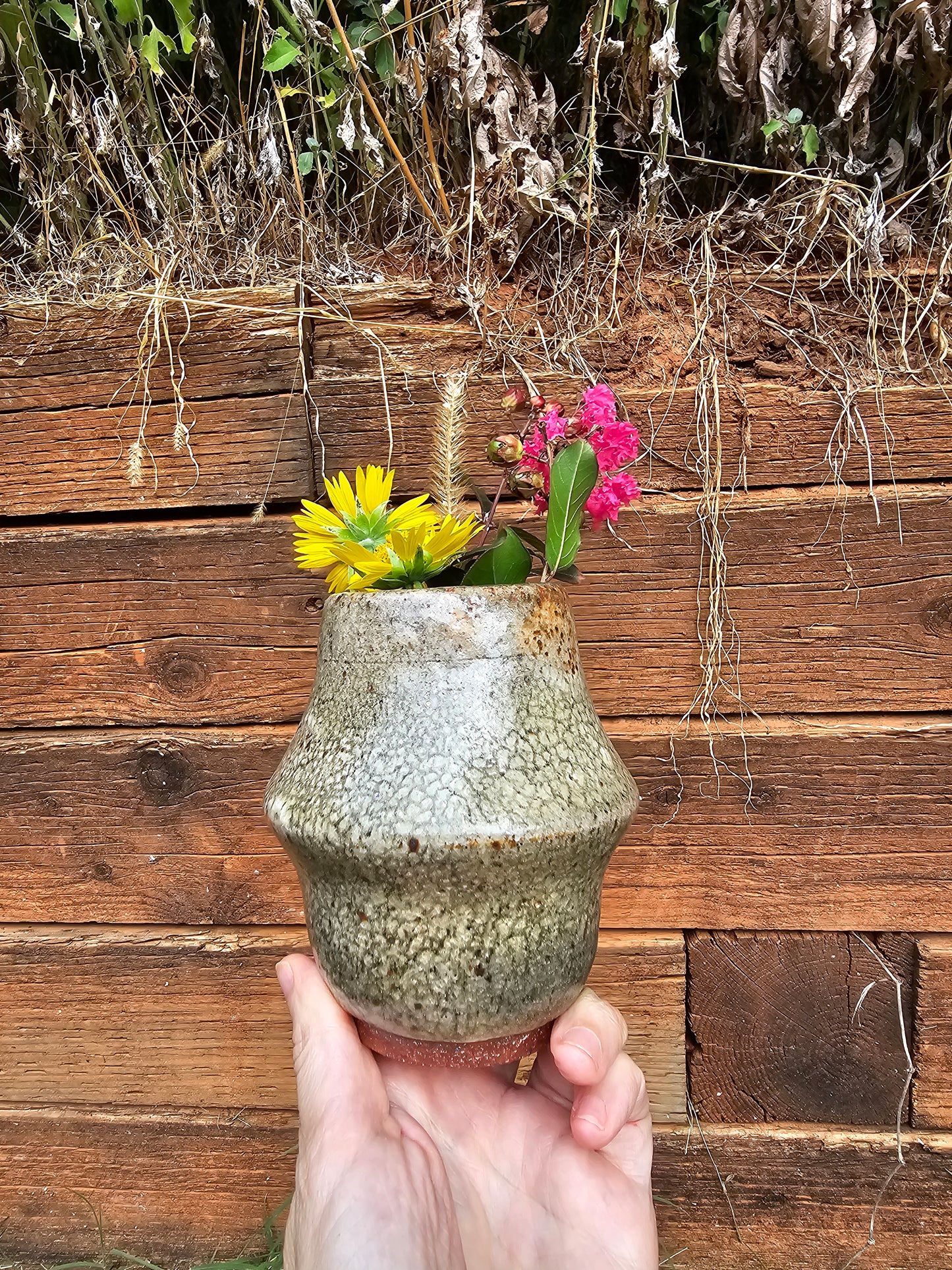 Shino Glazed Mushroom Sculpture Footed Vase 5"