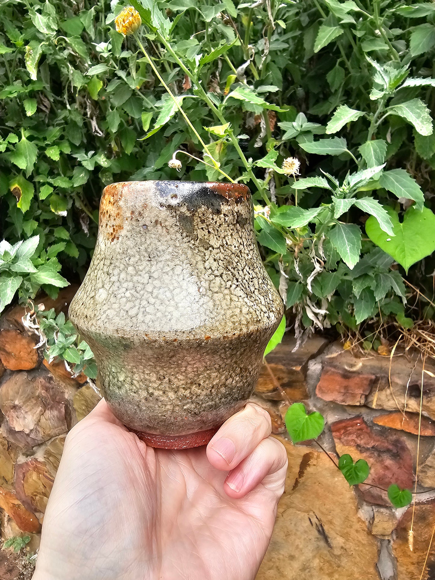 Shino Glazed Mushroom Sculpture Footed Vase 5"