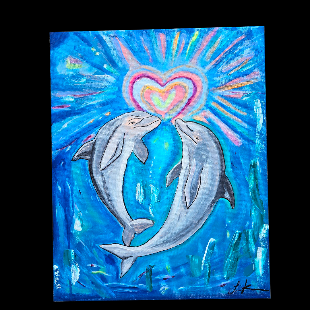 Underwater Romance Dolphin Heart Acrylic Painting Original