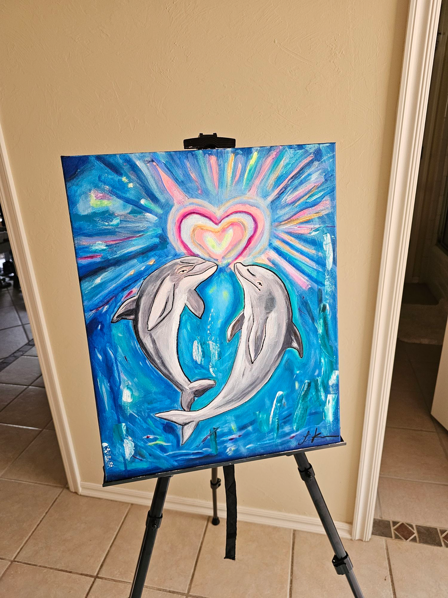 Underwater Romance Dolphin Heart Acrylic Painting Original