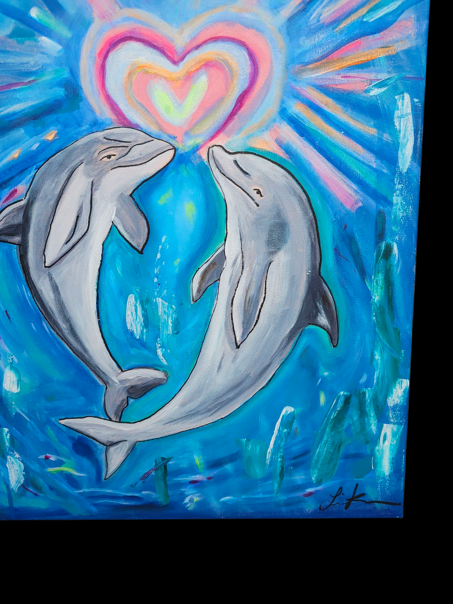 Underwater Romance Dolphin Heart Acrylic Painting Original