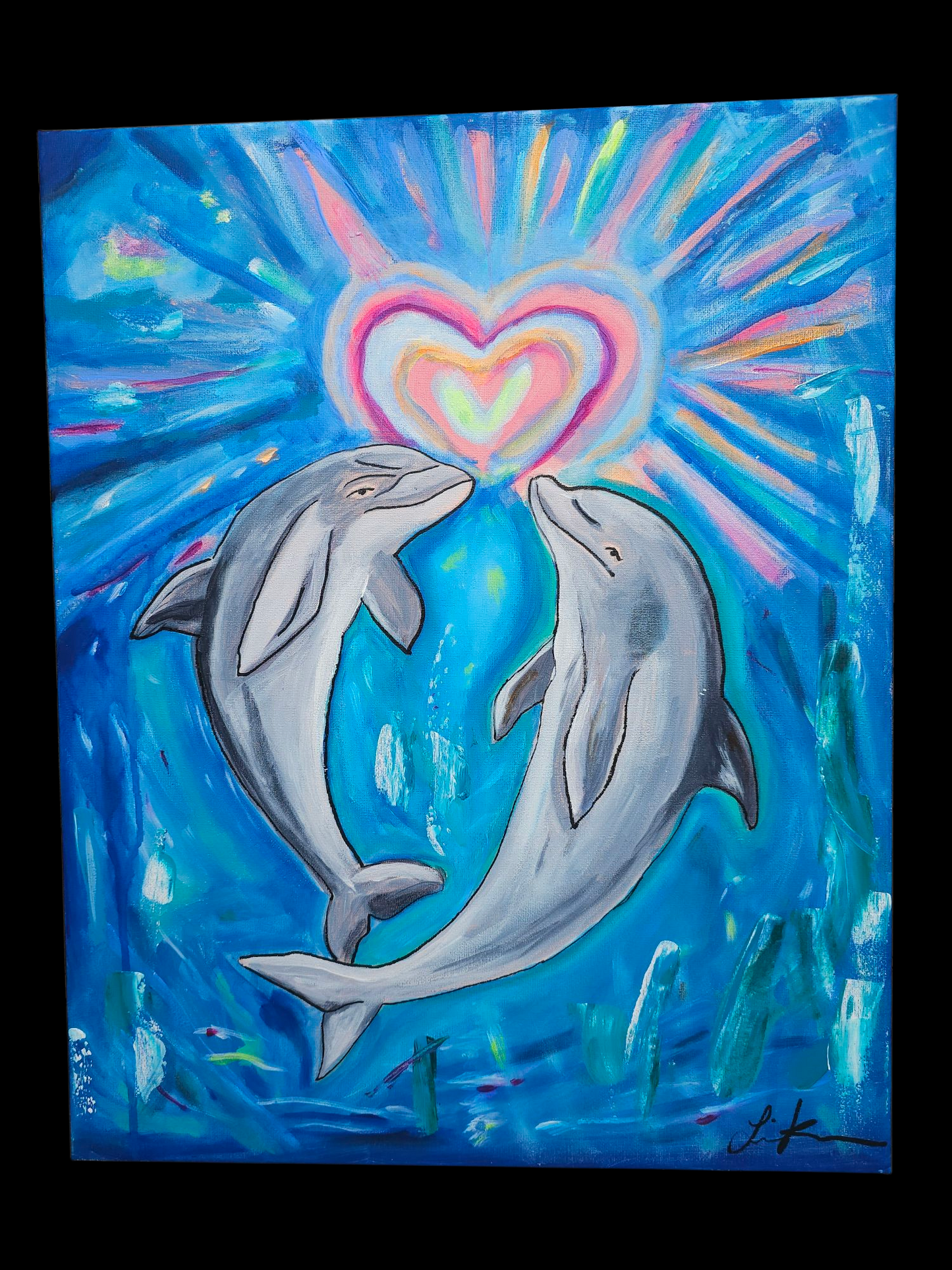 Underwater Romance Dolphin Heart Acrylic Painting Original