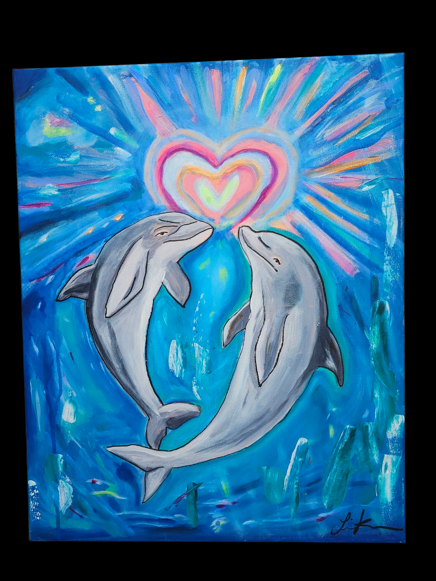 Underwater Romance Dolphin Heart Acrylic Painting Original