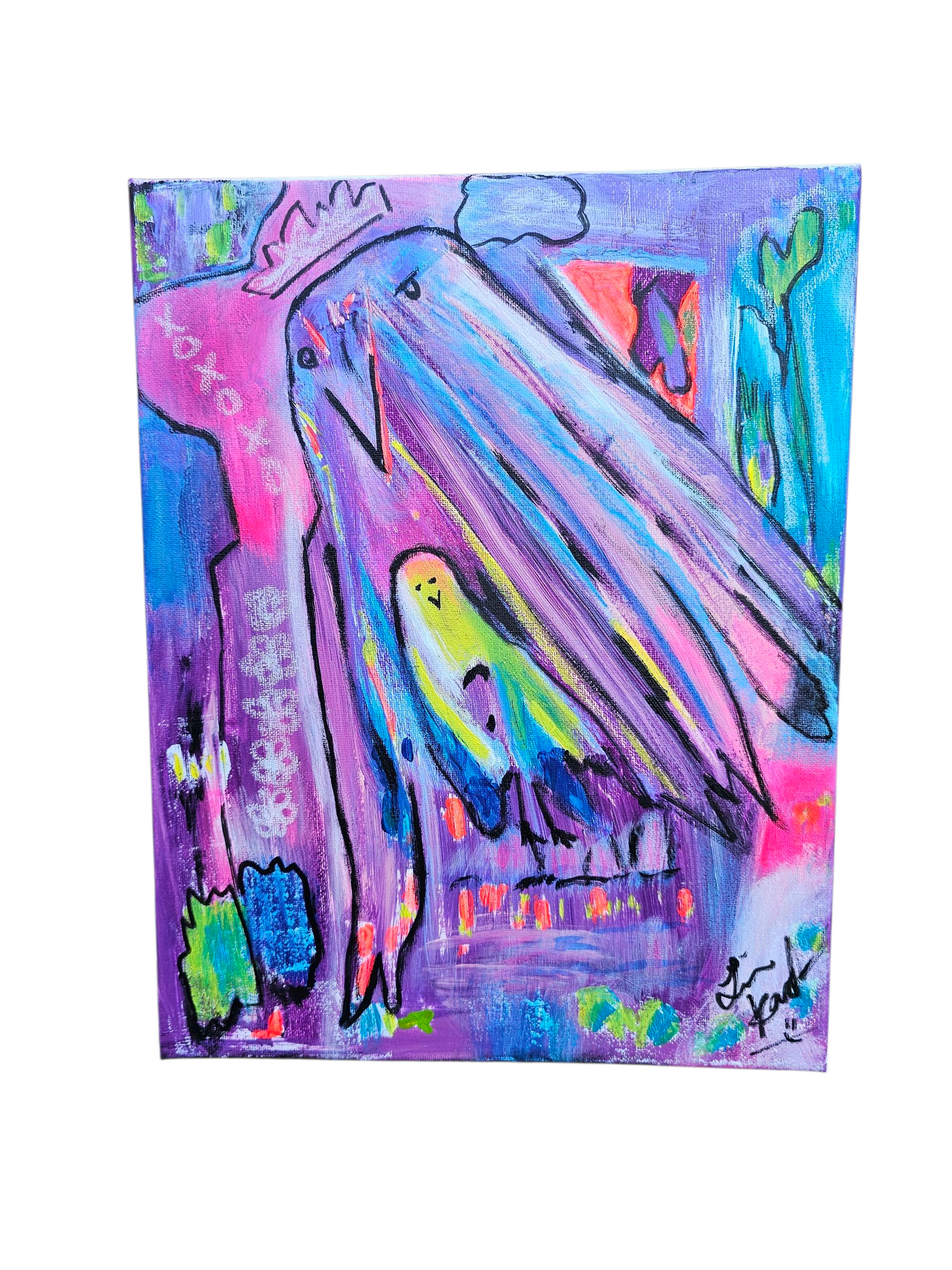 Cellophane Birds abstract original Art painting 11 x 14 x 5/8