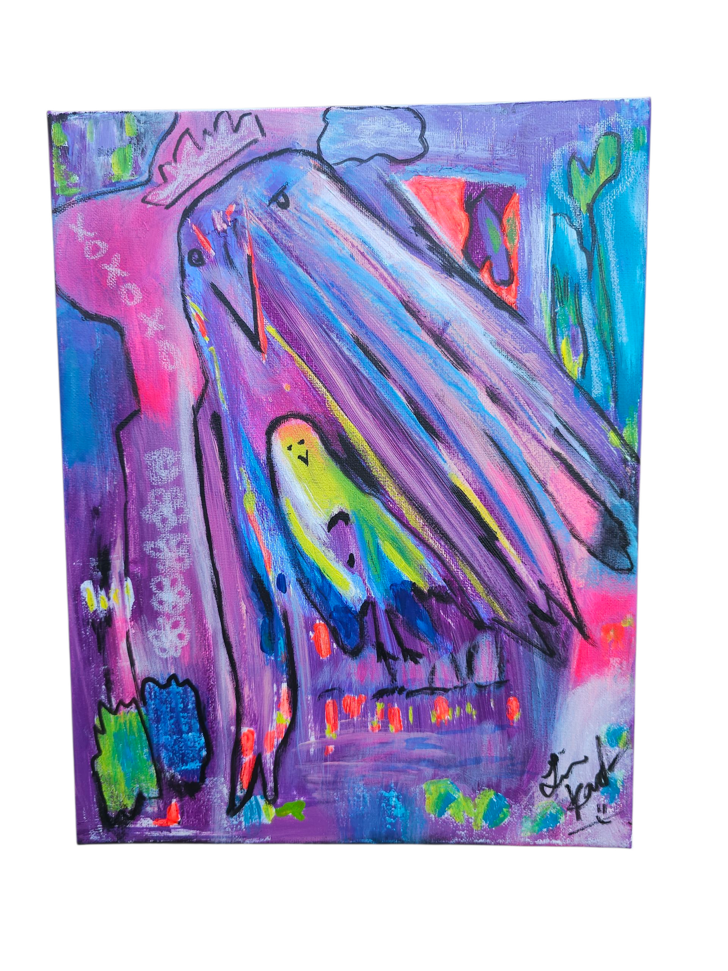 Cellophane Birds abstract original Art painting 11 x 14 x 5/8