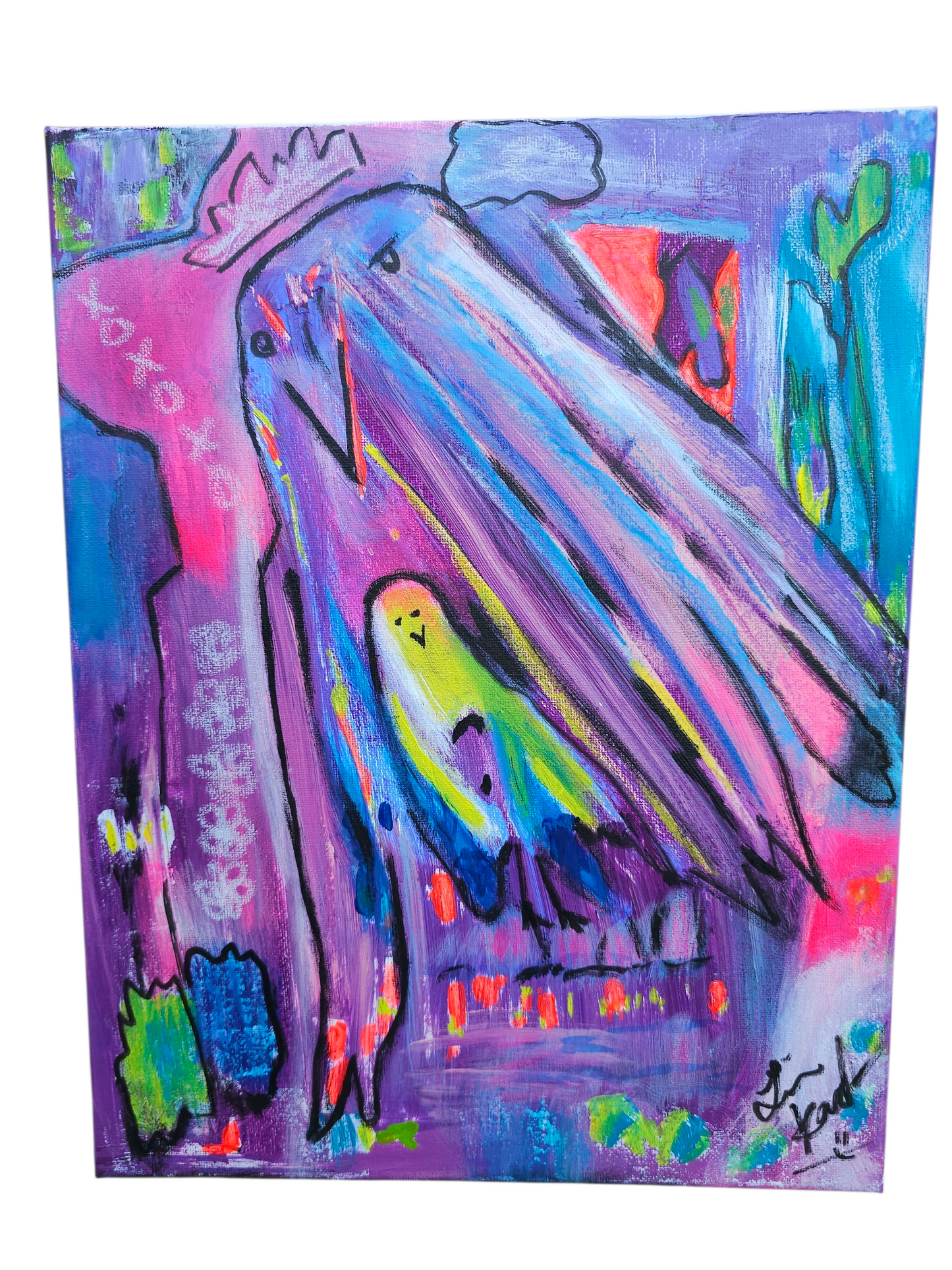 Cellophane Birds abstract original Art painting 11 x 14 x 5/8