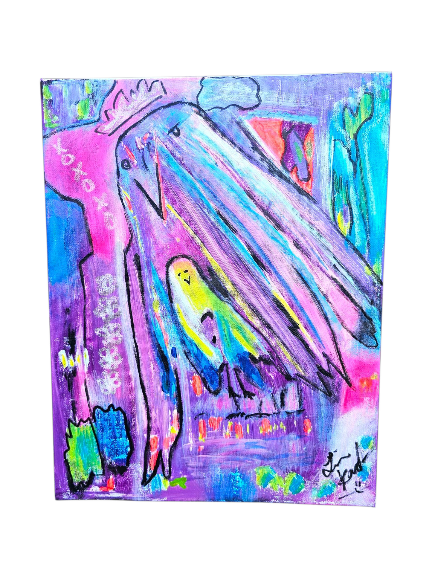 Cellophane Birds abstract original Art painting 11 x 14 x 5/8