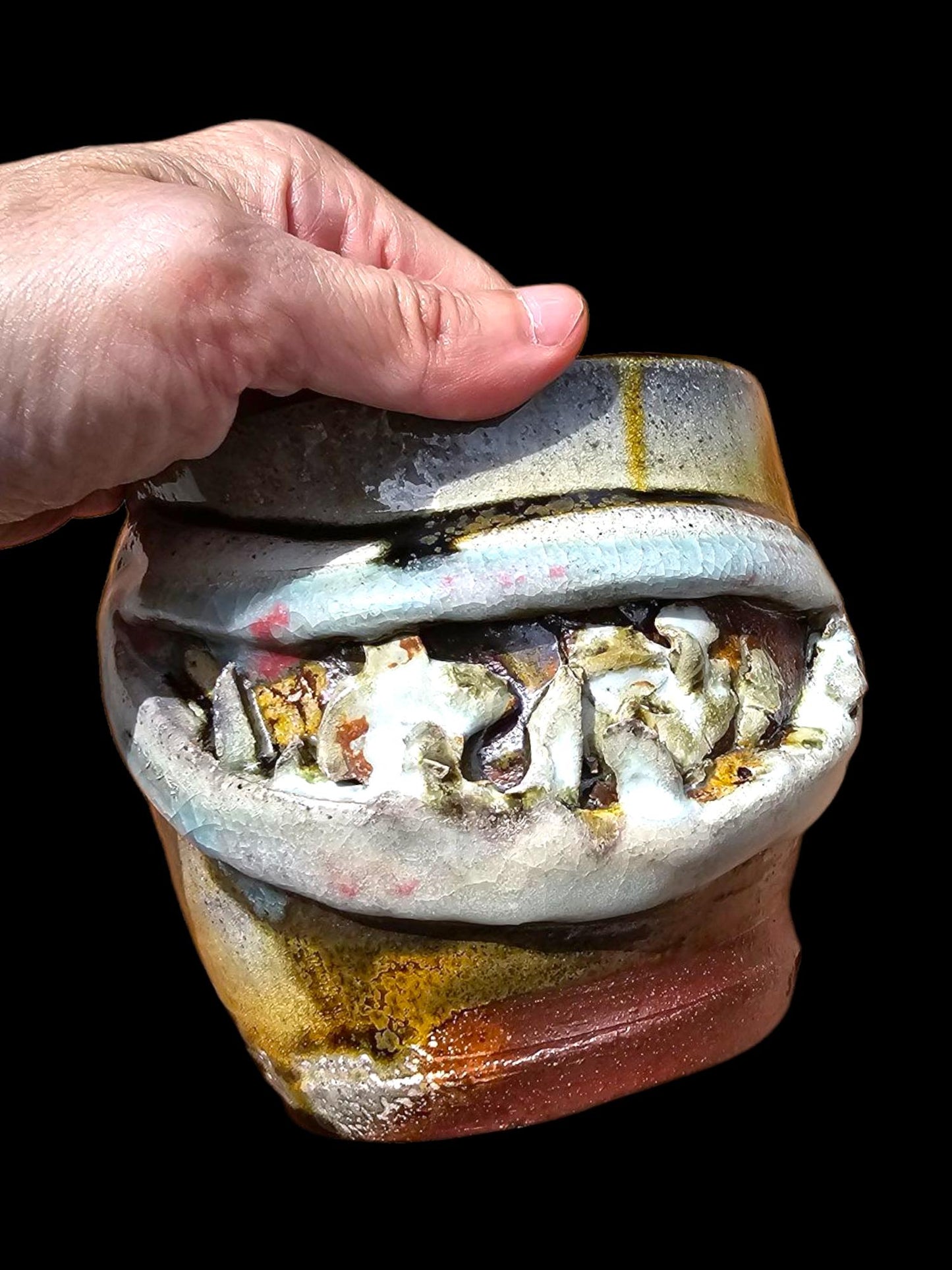 Soda Fired Ceramic Vase: Signed Teadust Bowl, Sculptural Art avant garde toothy Grin sinister smile - As seen in The Unapparent Magazine