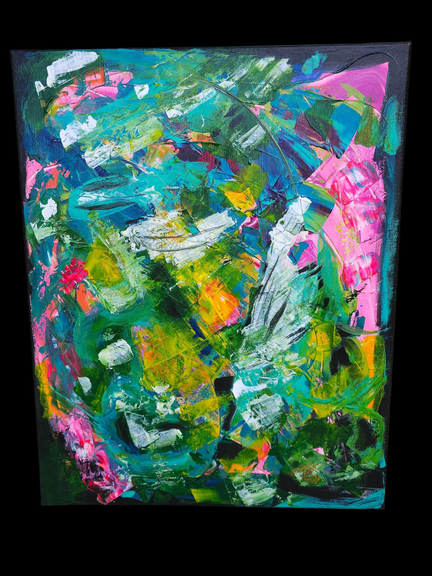 Jungle Abstract Painting: Bright Pink & Green Modern Art, 16x20 Canvas