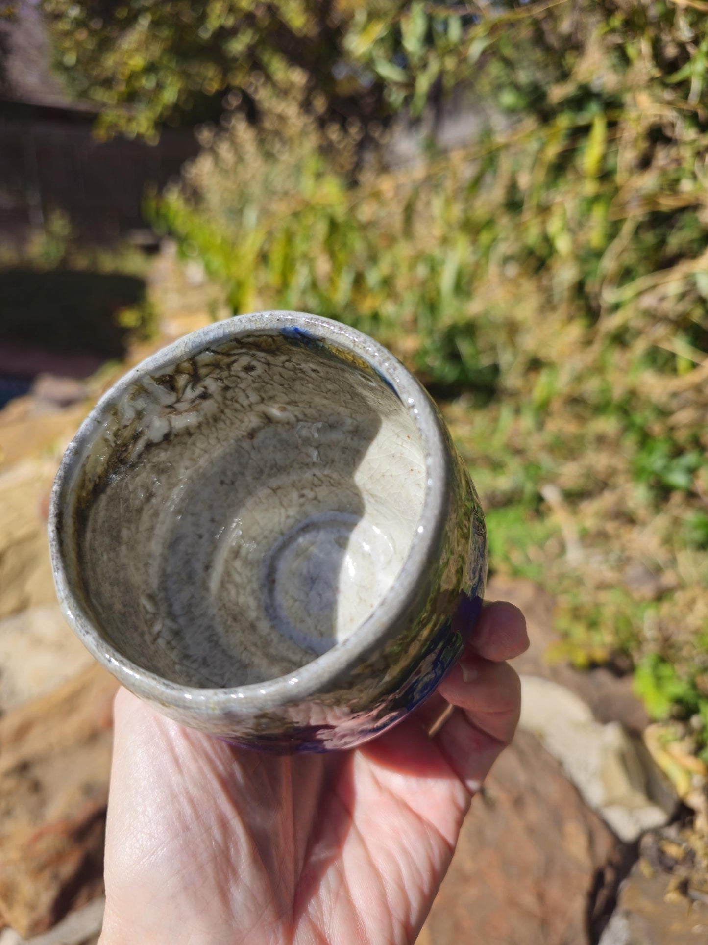 Handmade Soda Fired Shino Cup: Guinomi sake shino Ceramic Pottery Cobalt porcelain slip