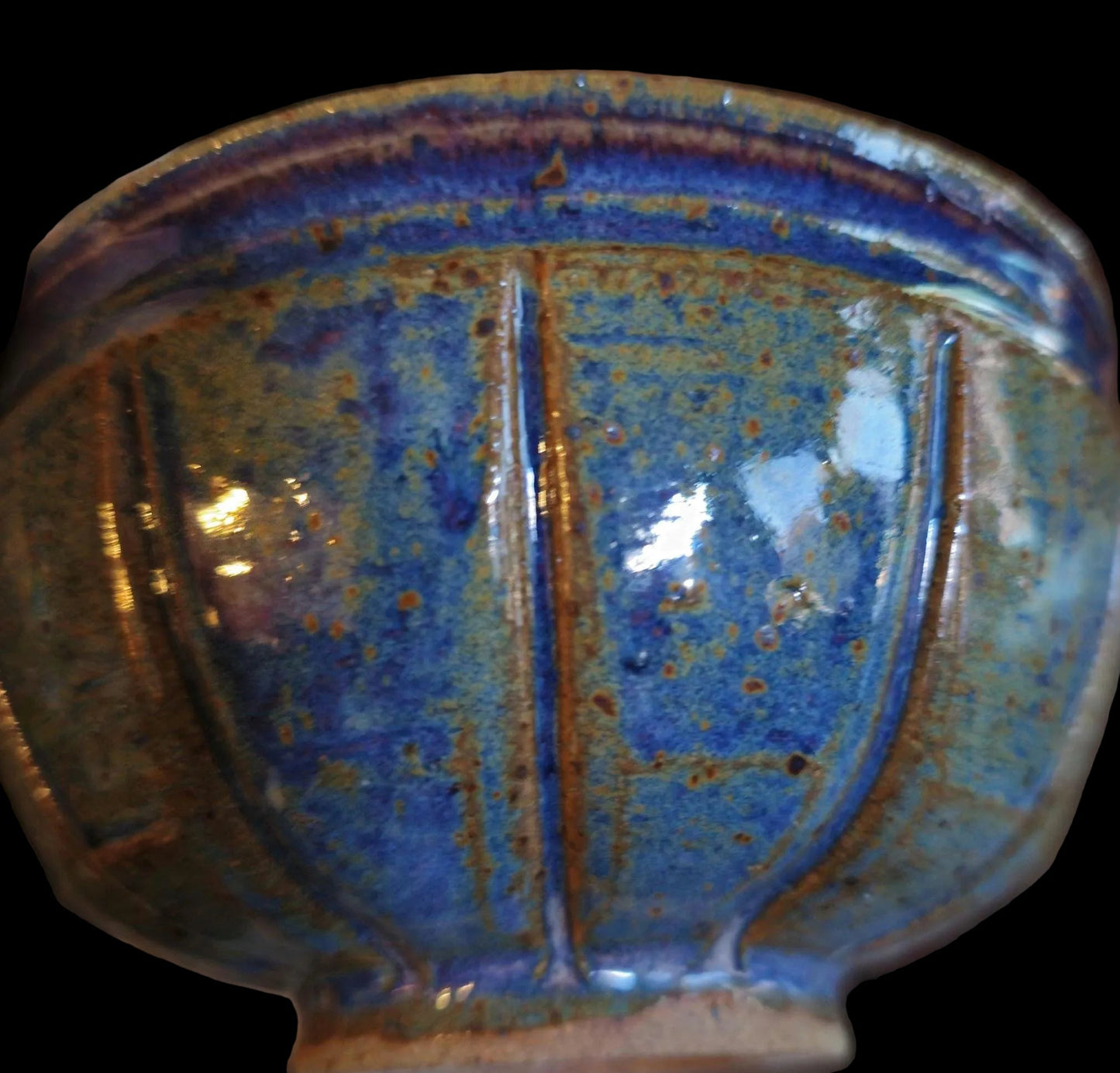 Handmade Footed Ceramic Bowl: Fluted Carved Stoneware, Gas Fired Rutile Glaze, Signed Art Pottery
