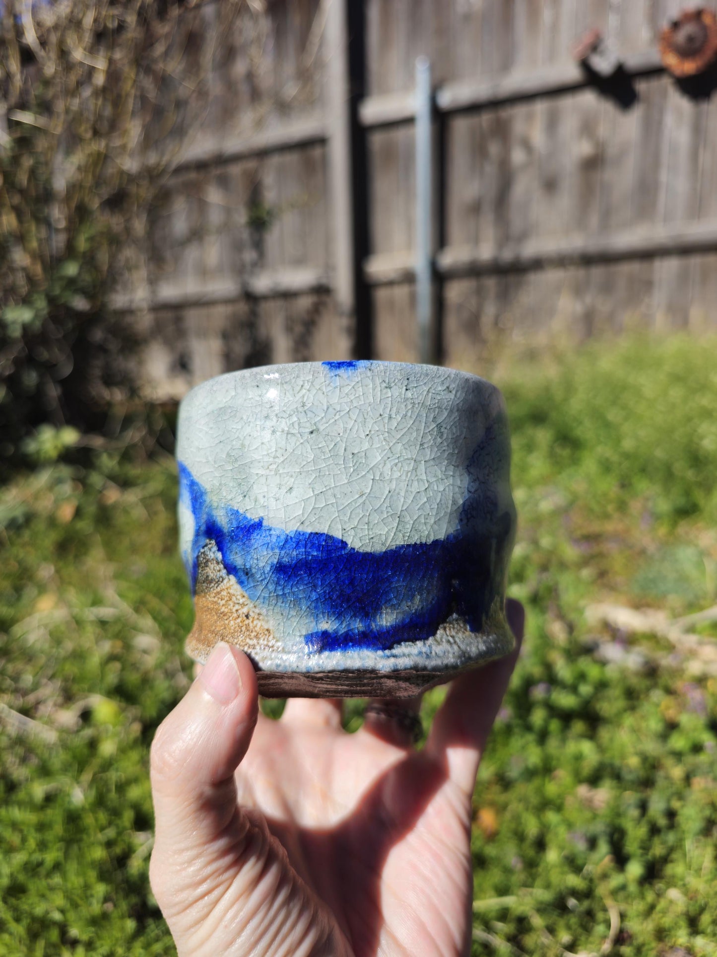 4" Soda-Fired Shino Chawan: Cobalt Blue, Carved Foot, Functional Art