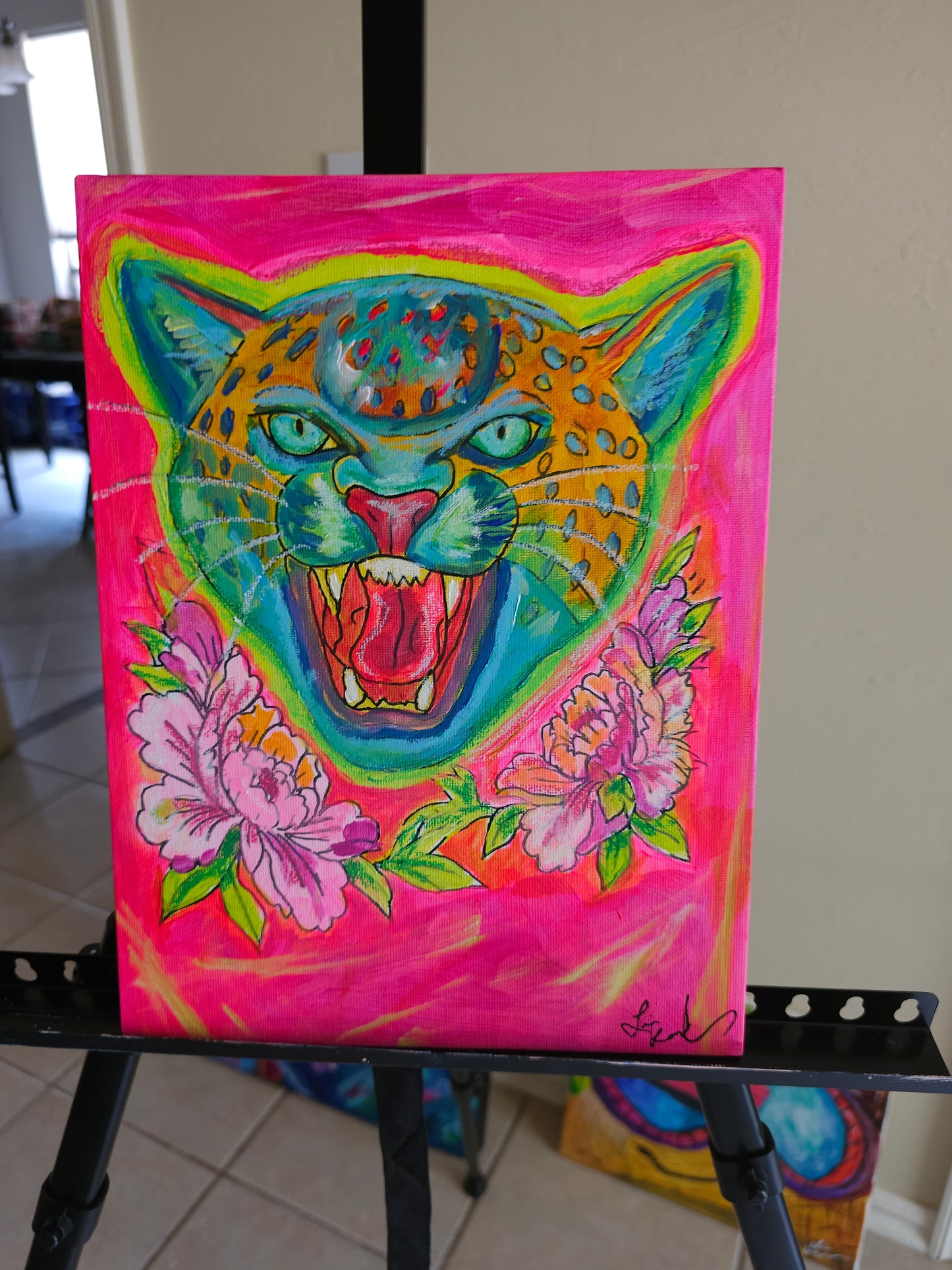 Psychedelic Big Cat Neon Pink Tattoo Flash Original Art on Canvas Board 9 x 12