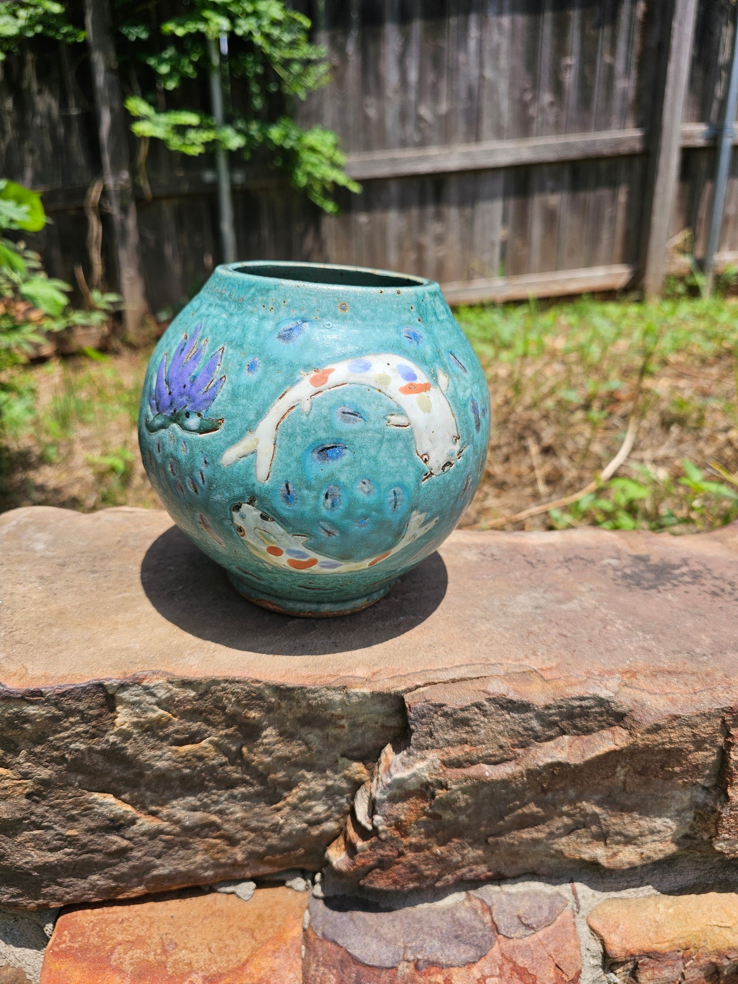 Koi Joy 7" Moon Jar with Sgraffito infinity fish