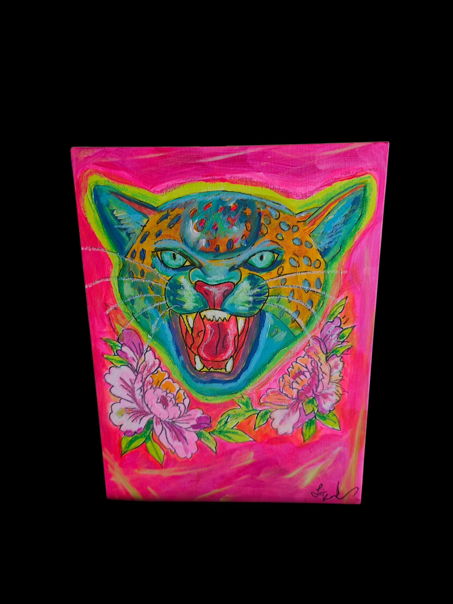 Psychedelic Big Cat Neon Pink Tattoo Flash Original Art on Canvas Board 9 x 12