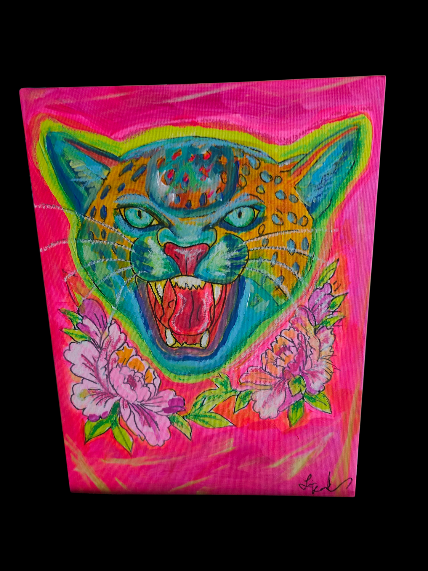 Psychedelic Big Cat Neon Pink Tattoo Flash Original Art on Canvas Board 9 x 12