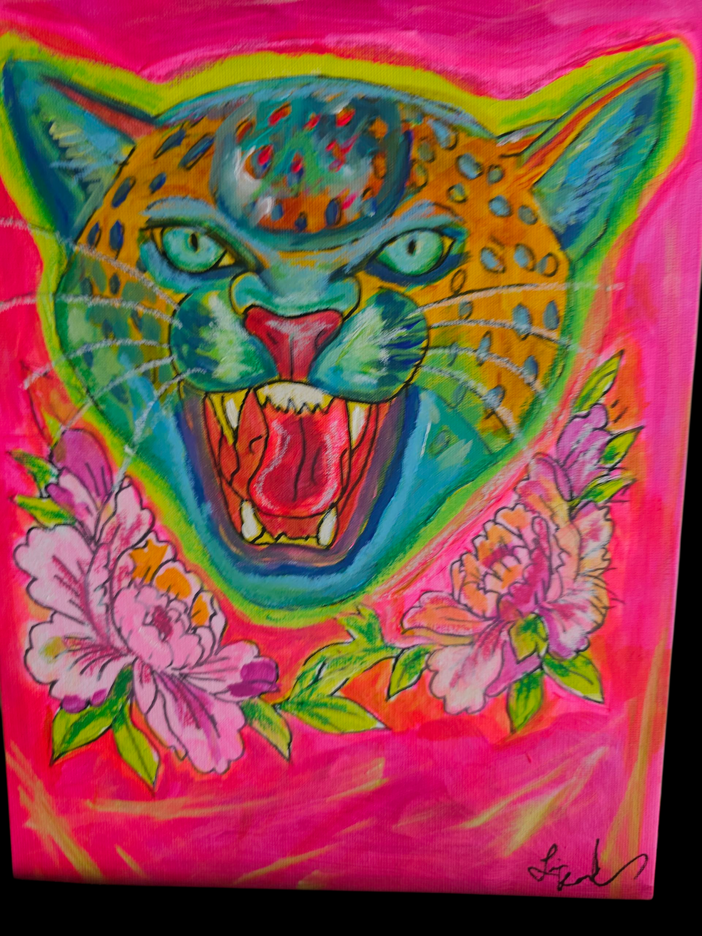 Psychedelic Big Cat Neon Pink Tattoo Flash Original Art on Canvas Board 9 x 12