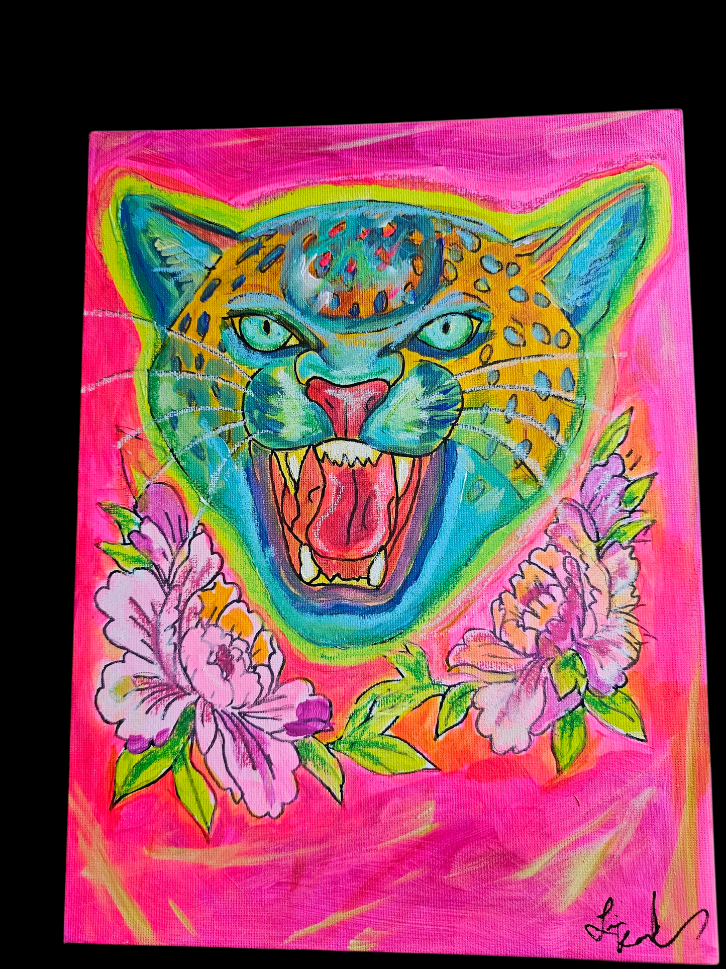 Psychedelic Big Cat Neon Pink Tattoo Flash Original Art on Canvas Board 9 x 12