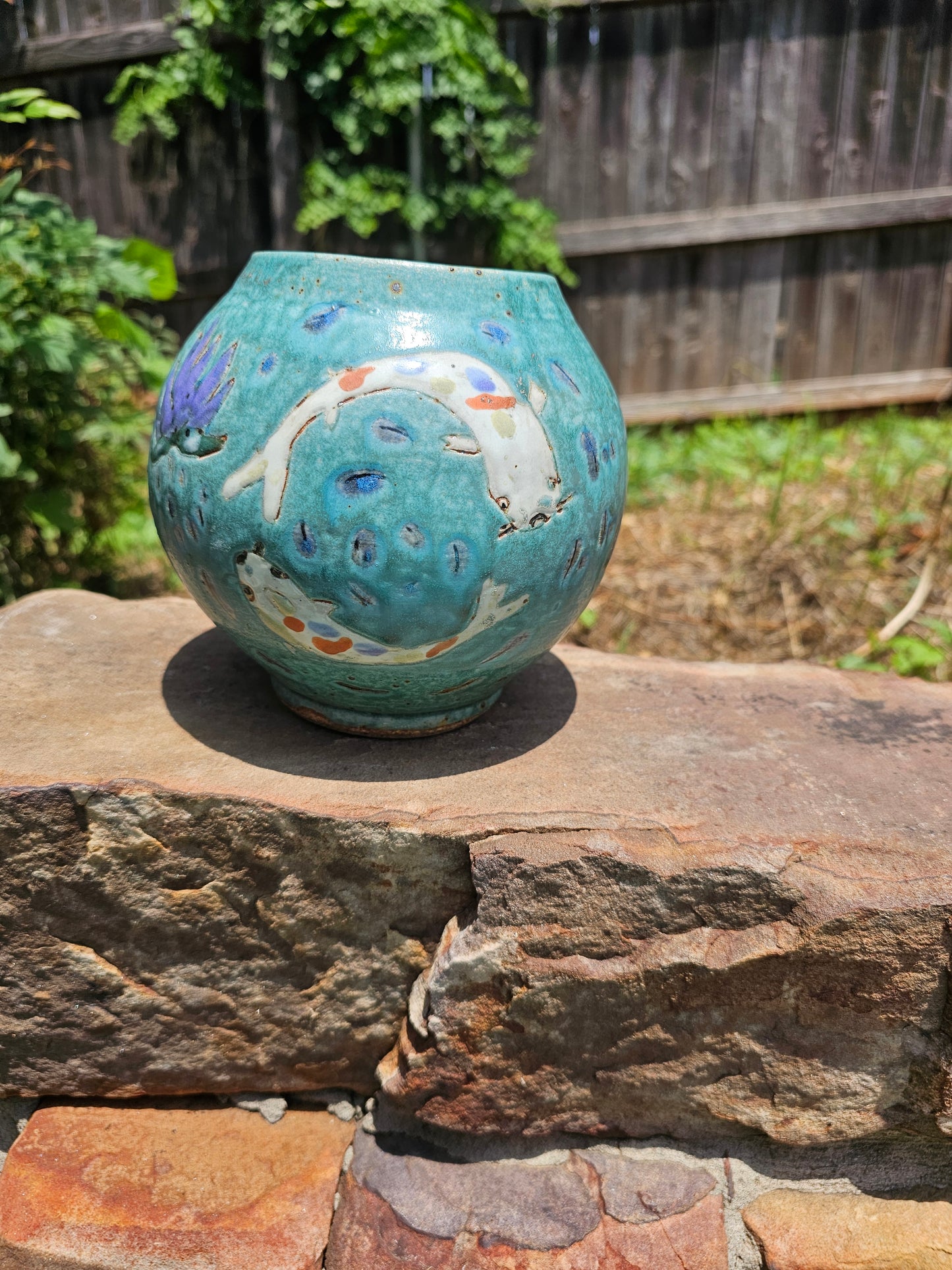 Koi Joy 7" Moon Jar with Sgraffito infinity fish