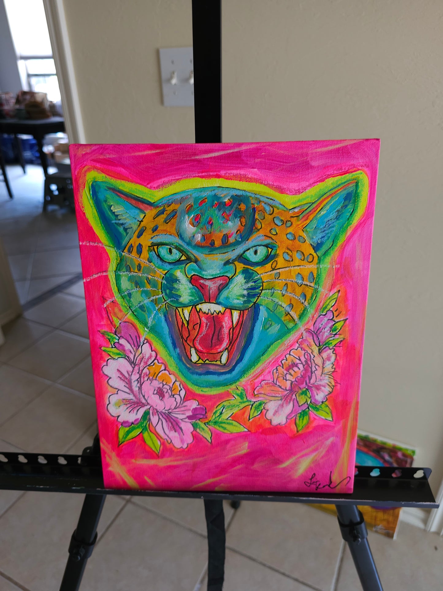 Psychedelic Big Cat Neon Pink Tattoo Flash Original Art on Canvas Board 9 x 12