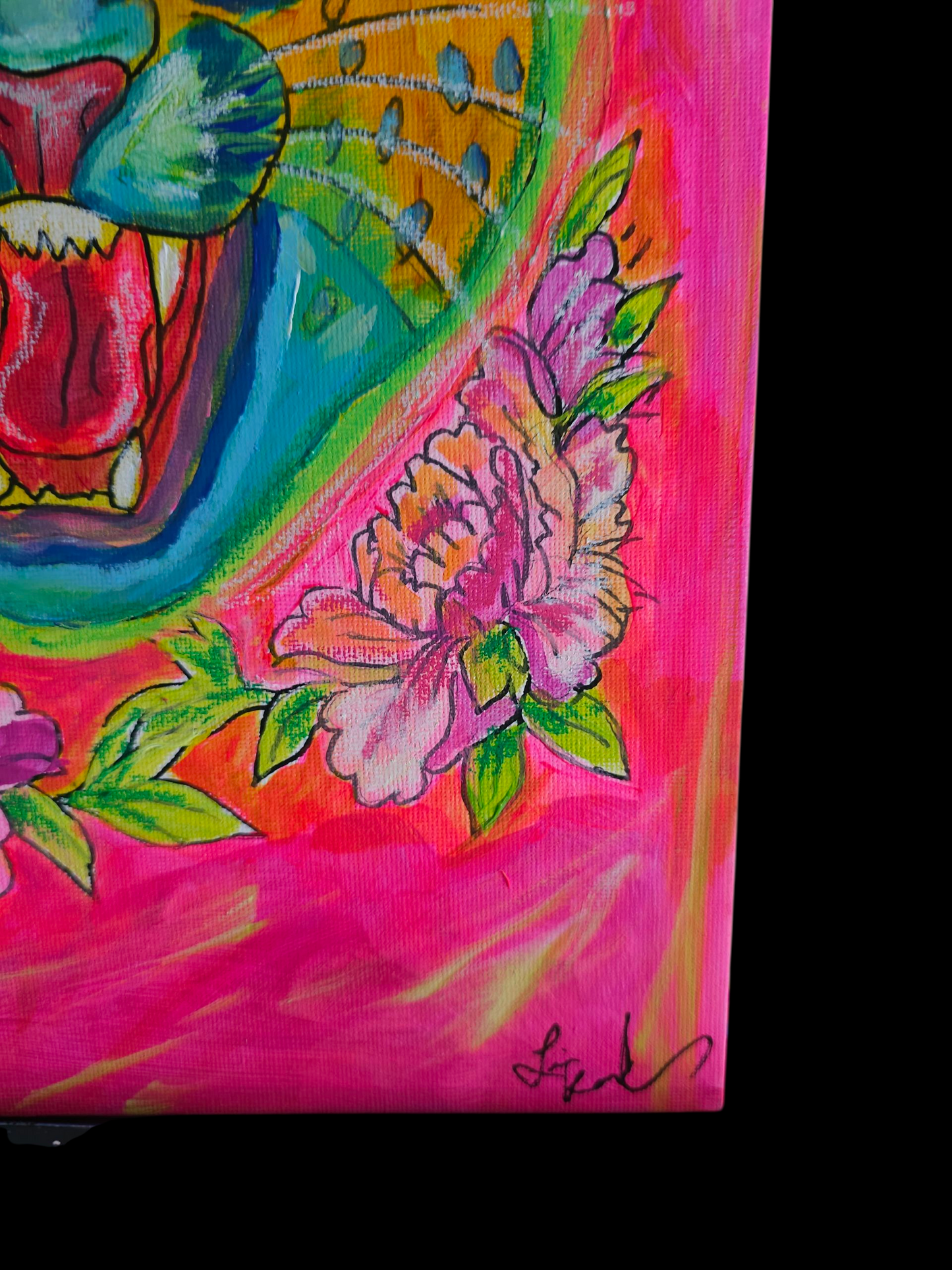 Psychedelic Big Cat Neon Pink Tattoo Flash Original Art on Canvas Board 9 x 12
