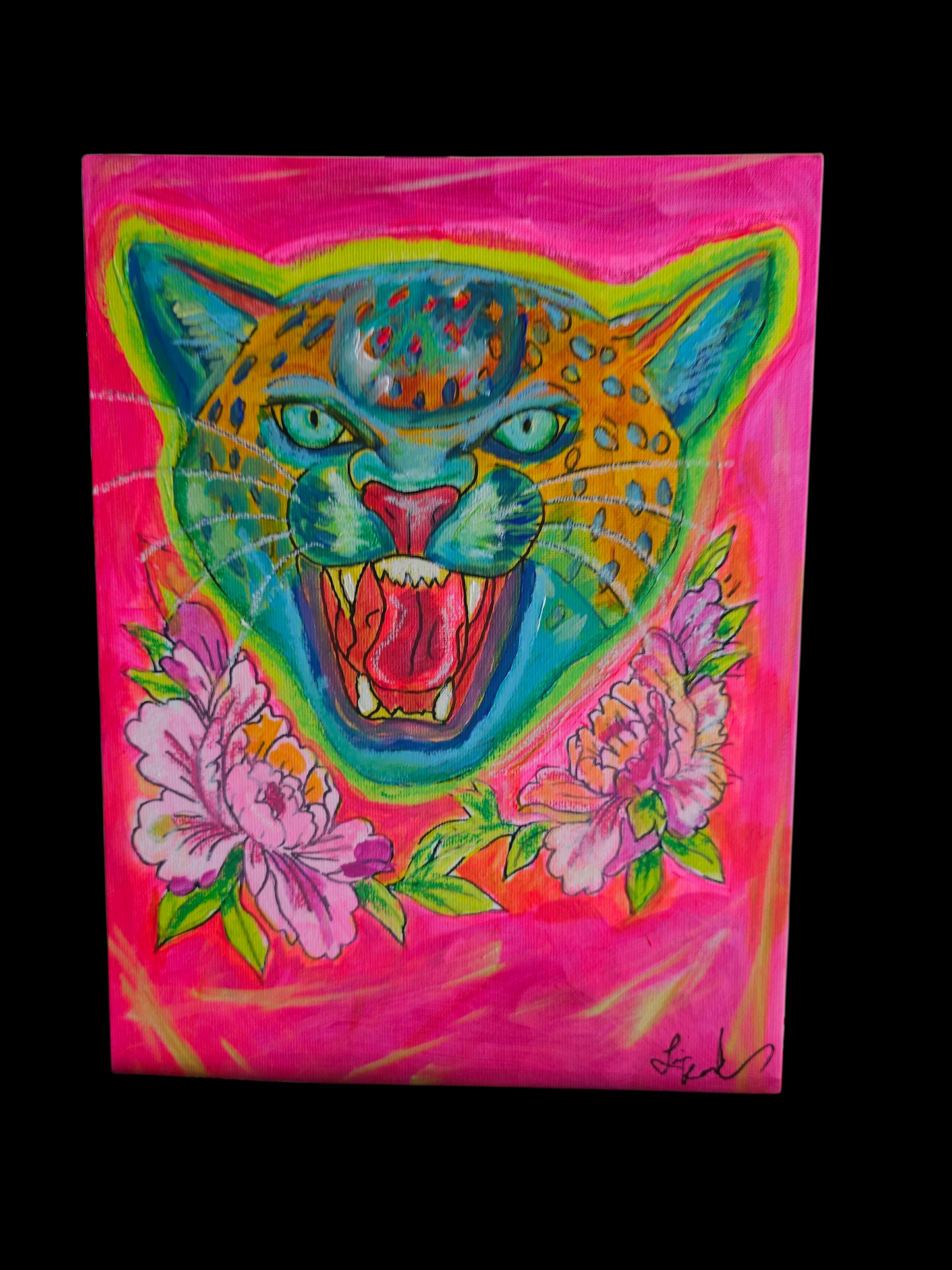 Psychedelic Big Cat Neon Pink Tattoo Flash Original Art on Canvas Board 9 x 12