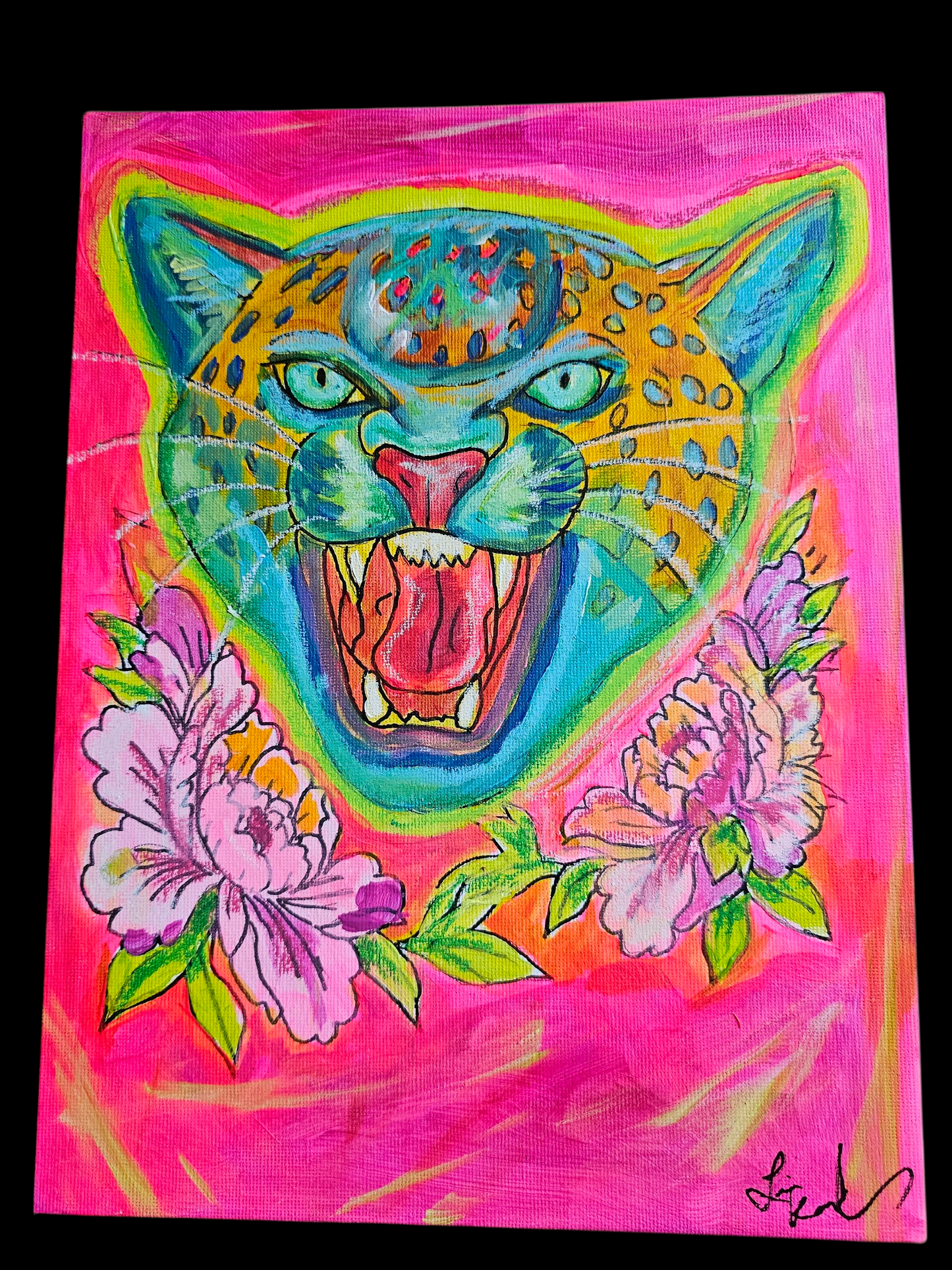 Psychedelic Big Cat Neon Pink Tattoo Flash Original Art on Canvas Board 9 x 12