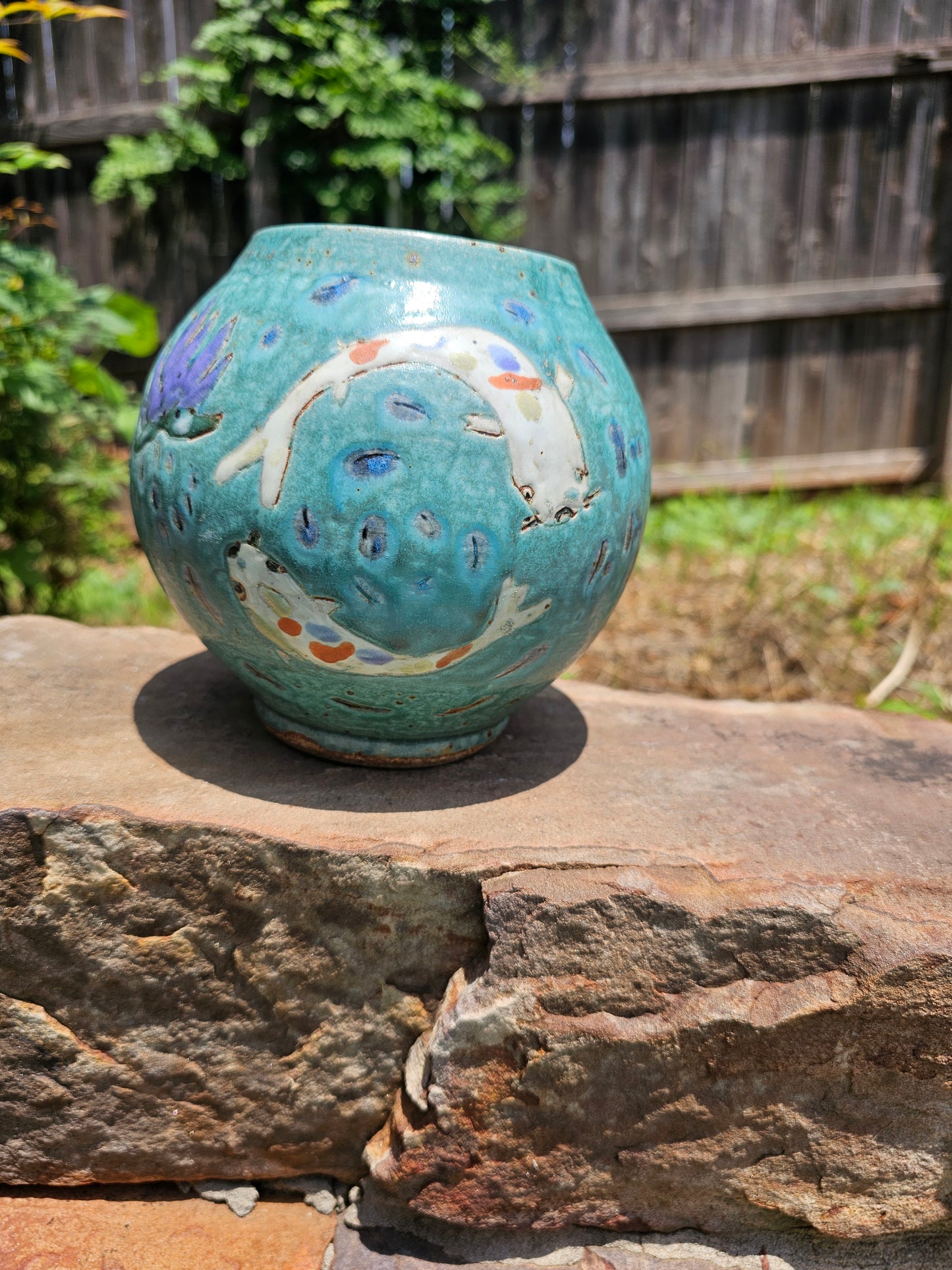 Koi Joy 7" Moon Jar with Sgraffito infinity fish