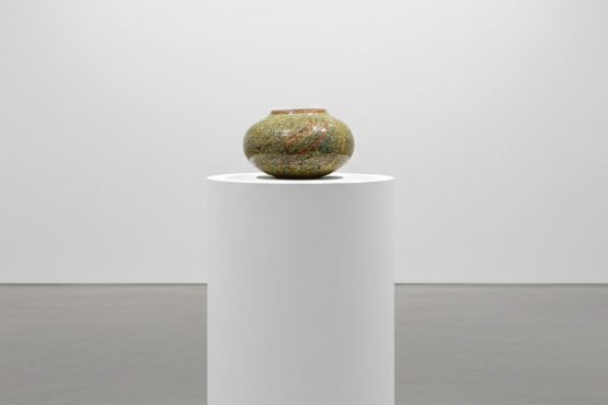 Gas Fired Carved Stoneware Jar — Teadust Glaze, Sculptural Vase, Ikebana Art, 6"x4", Signed