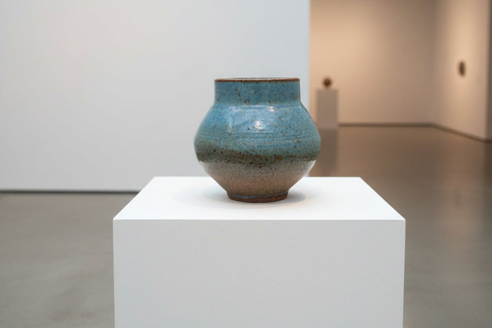Handmade Blue Rutile Glaze Vase: Signed Ceramic Moon Jar 6x6"