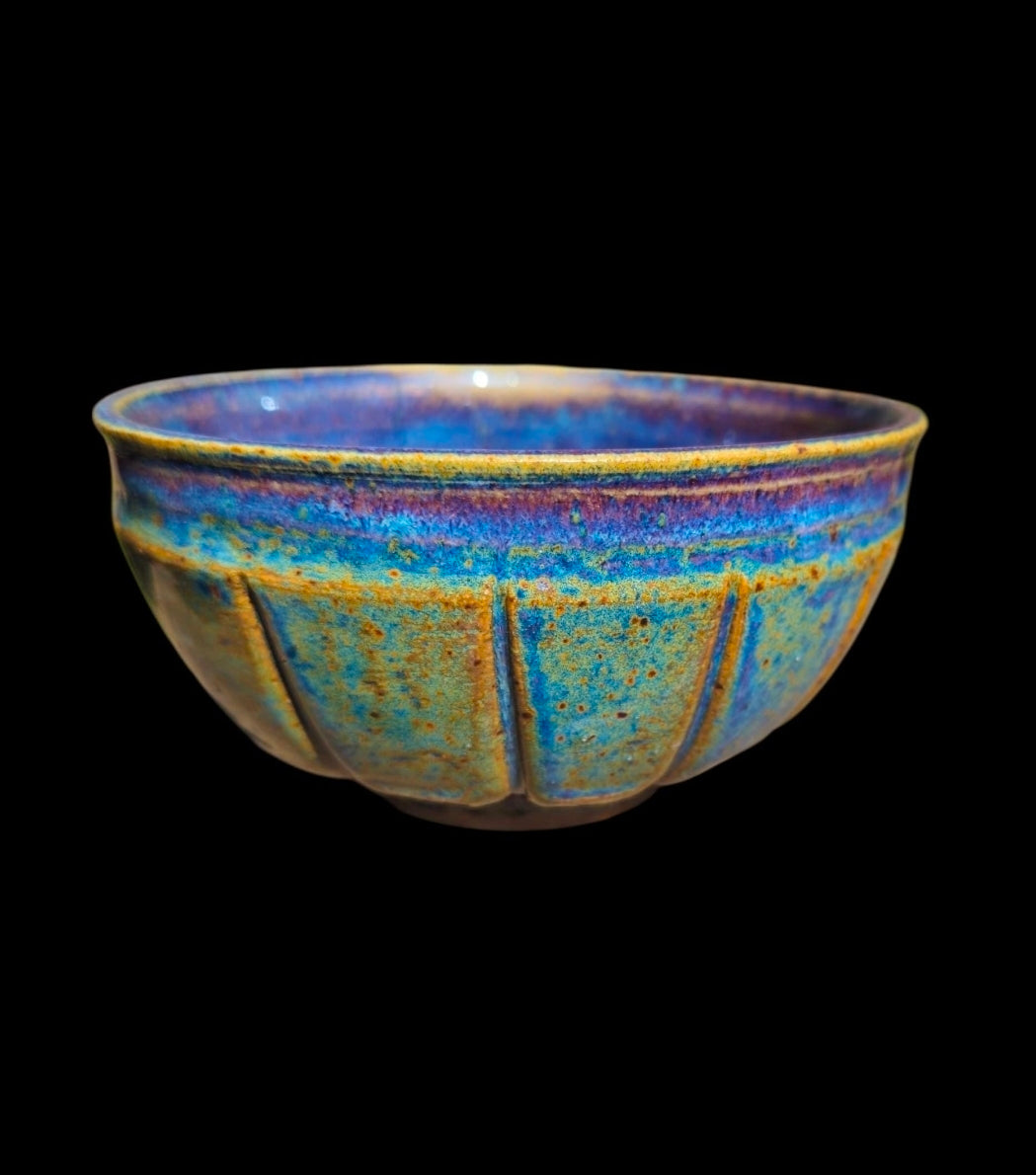 Handmade Footed Ceramic Bowl: Fluted Carved Stoneware, Gas Fired Rutile Glaze, Signed Art Pottery 5x3"