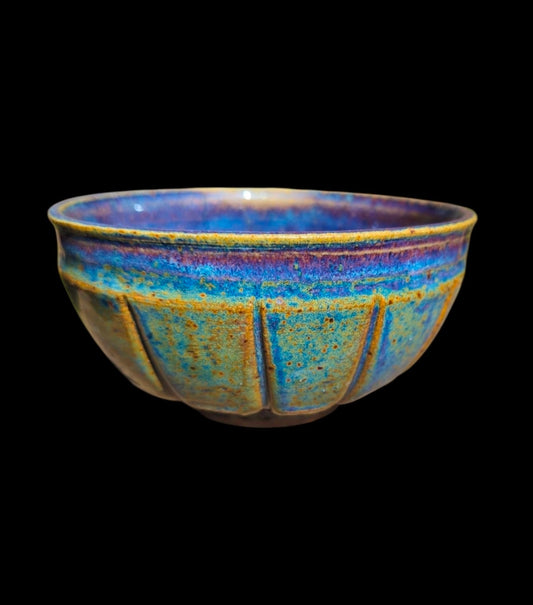 Handmade Footed Ceramic Bowl: Fluted Carved Stoneware, Gas Fired Rutile Glaze, Signed Art Pottery 5x3"