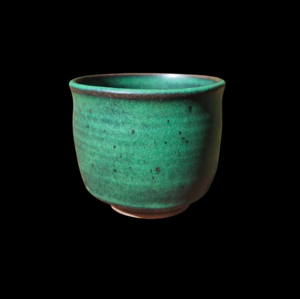 Reitz Green Gas Fired Glazed Ceramic Cup: Handmade Pottery, yunomi footed stoneware 4.5" x 3.5"