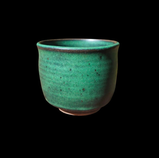 Reitz Green Gas Fired Glazed Ceramic Cup: Handmade Pottery, yunomi footed stoneware 4.5" x 3.5"