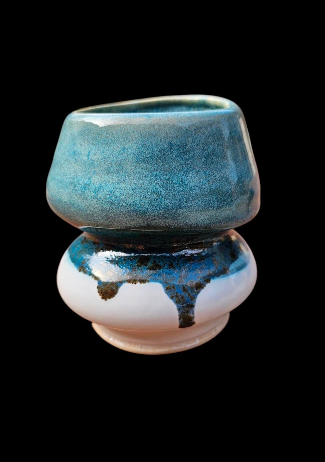 Signed Ceramic Art Vase: Blue, Aqua, White Stoneware Sculpture Bubble unique Form modern art 5x4"