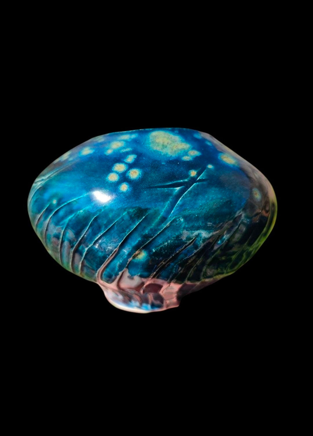 Carved Stoneware Moon Jar Vase: Fireflies Series, Celadon Glaze 6.5" x 6"