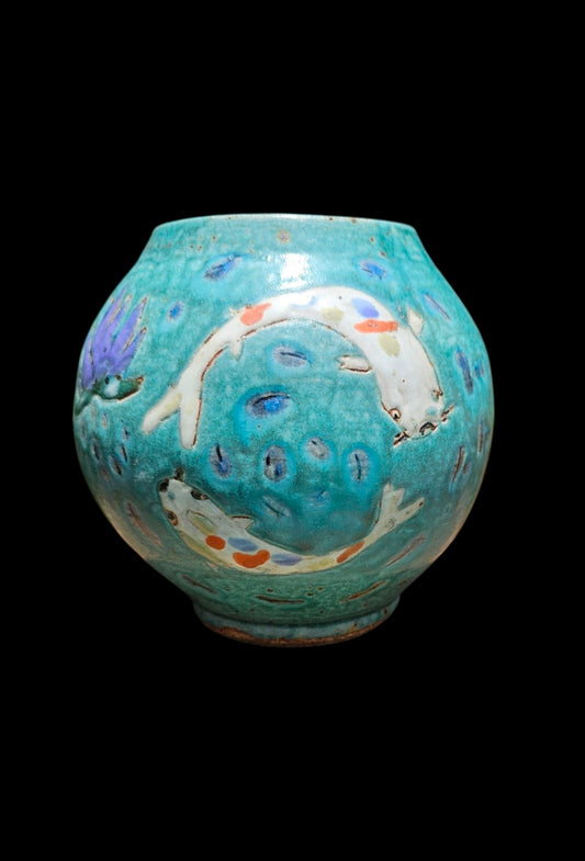 Koi Joy 7" Moon Jar with Sgraffito infinity fish