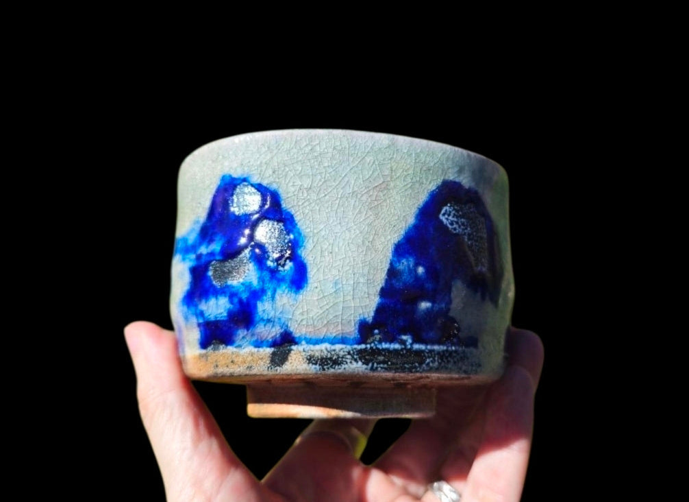 Handmade Soda Fired Shino Chawan Tea Bowl with Cobalt Waves (4" x 3")