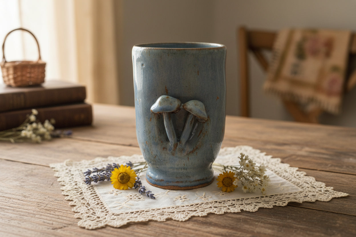 Handmade Ceramic Mushroom Vase: Blue Rutile Folk Art Pottery