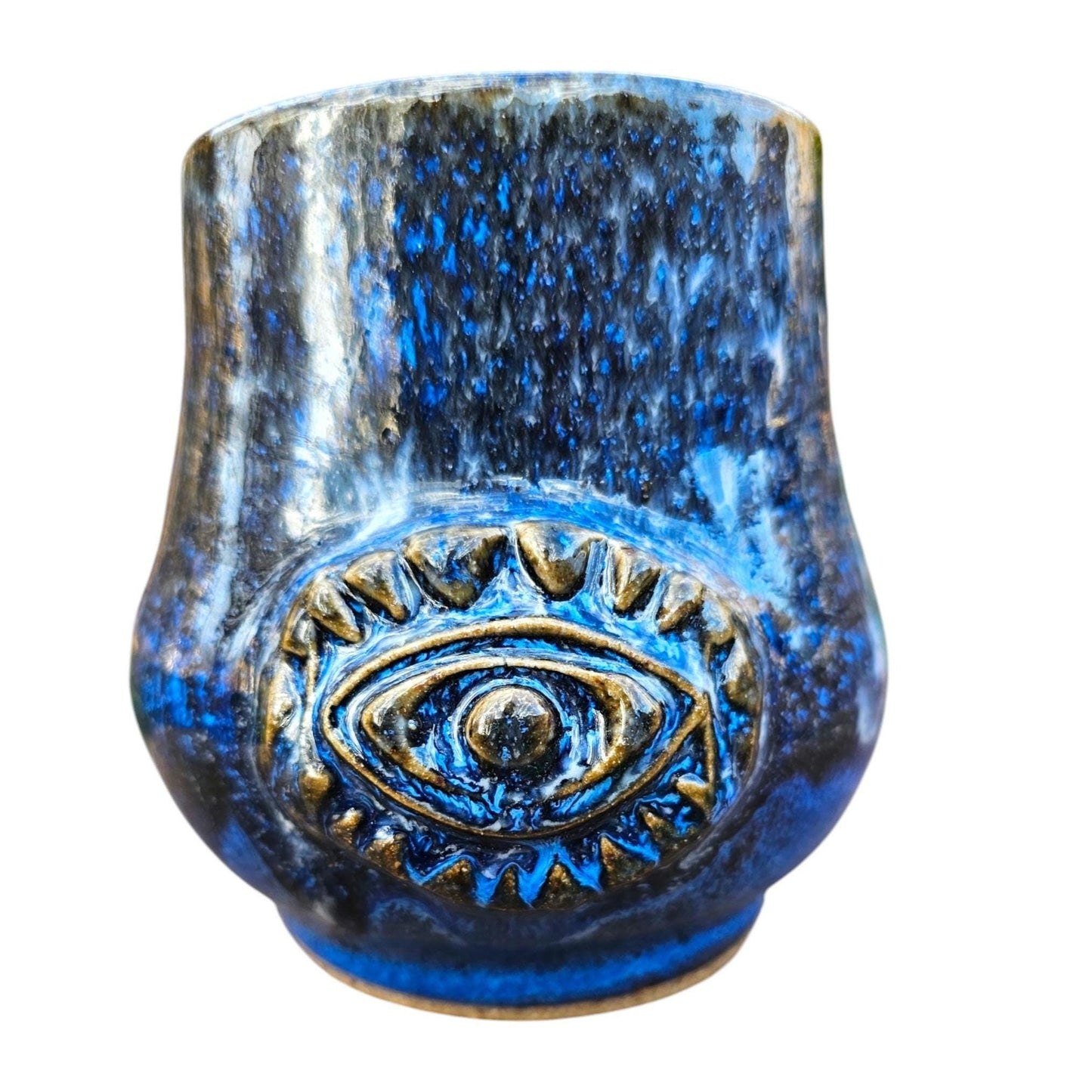 Handmade Evil Eye Mug: Blue Pottery, Mystical Protection, 12 oz