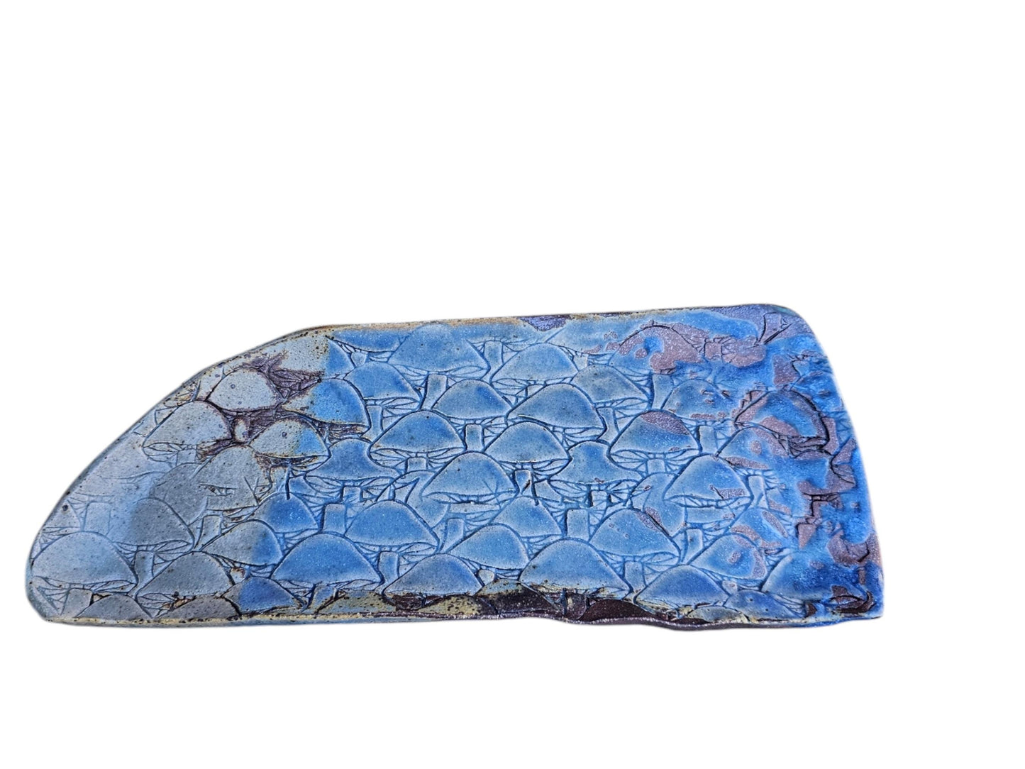 Soda Fired Ceramic Slab Plate: Blue Mushroom Texture, Rustic Sushi Charcuterie Platter