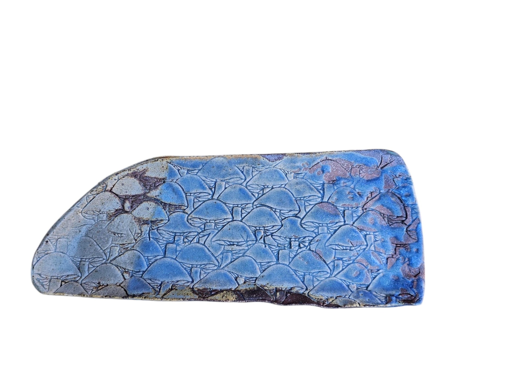 Soda Fired Ceramic Slab Plate: Blue Mushroom Texture, Rustic Sushi Charcuterie Platter