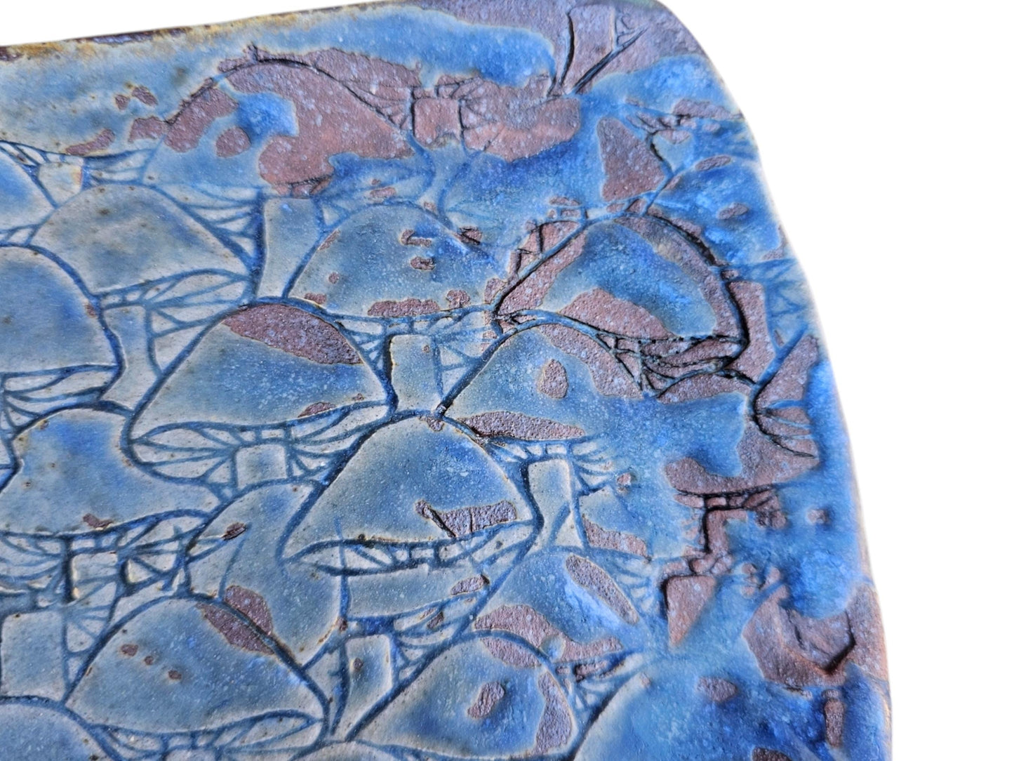Soda Fired Ceramic Slab Plate: Blue Mushroom Texture, Rustic Sushi Charcuterie Platter