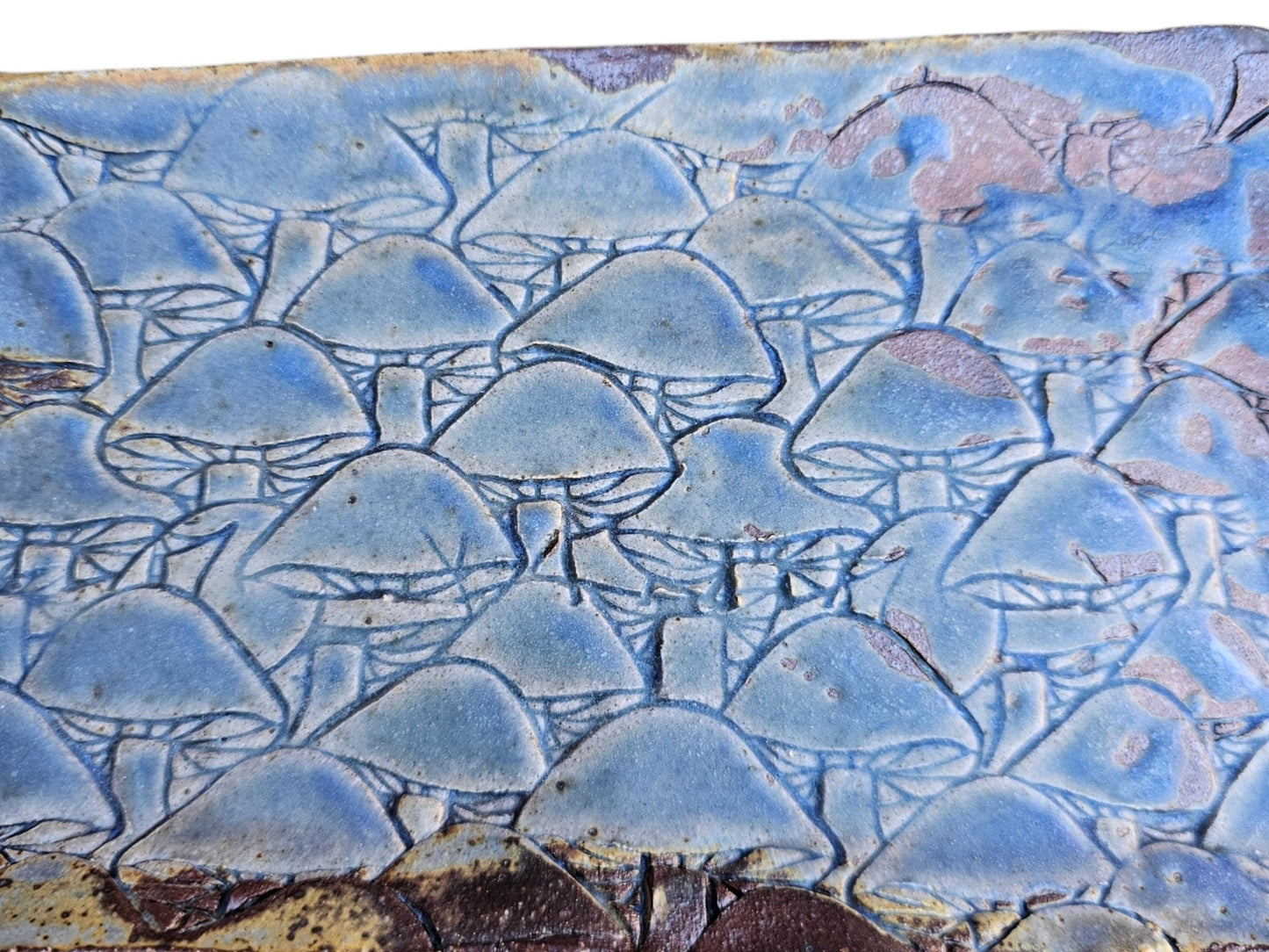 Soda Fired Ceramic Slab Plate: Blue Mushroom Texture, Rustic Sushi Charcuterie Platter