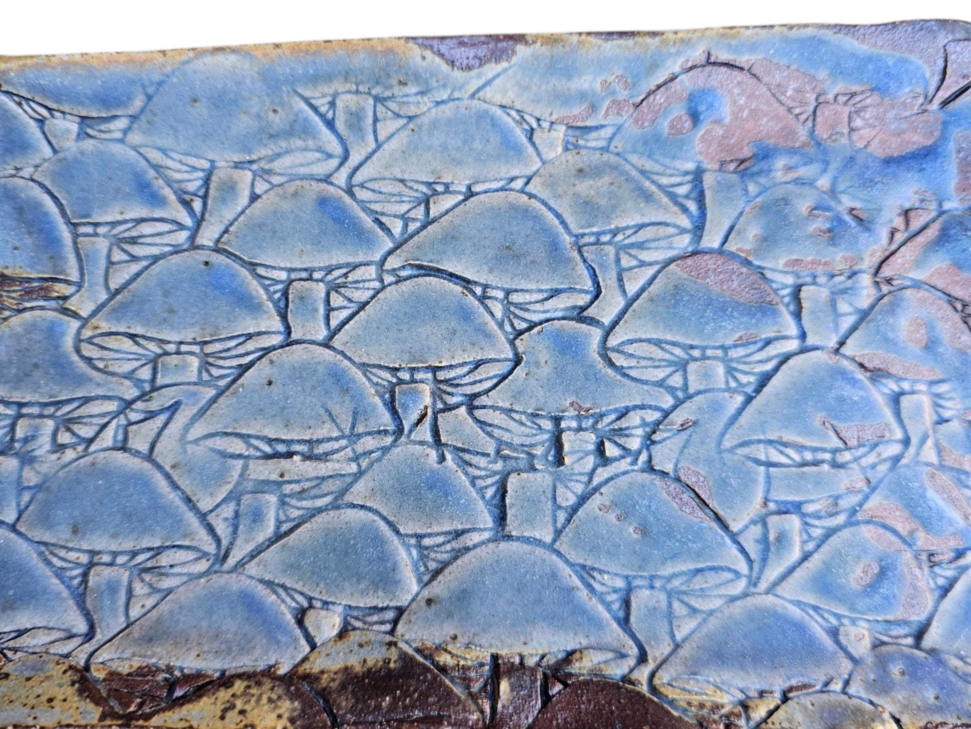 Soda Fired Ceramic Slab Plate: Blue Mushroom Texture, Rustic Sushi Charcuterie Platter