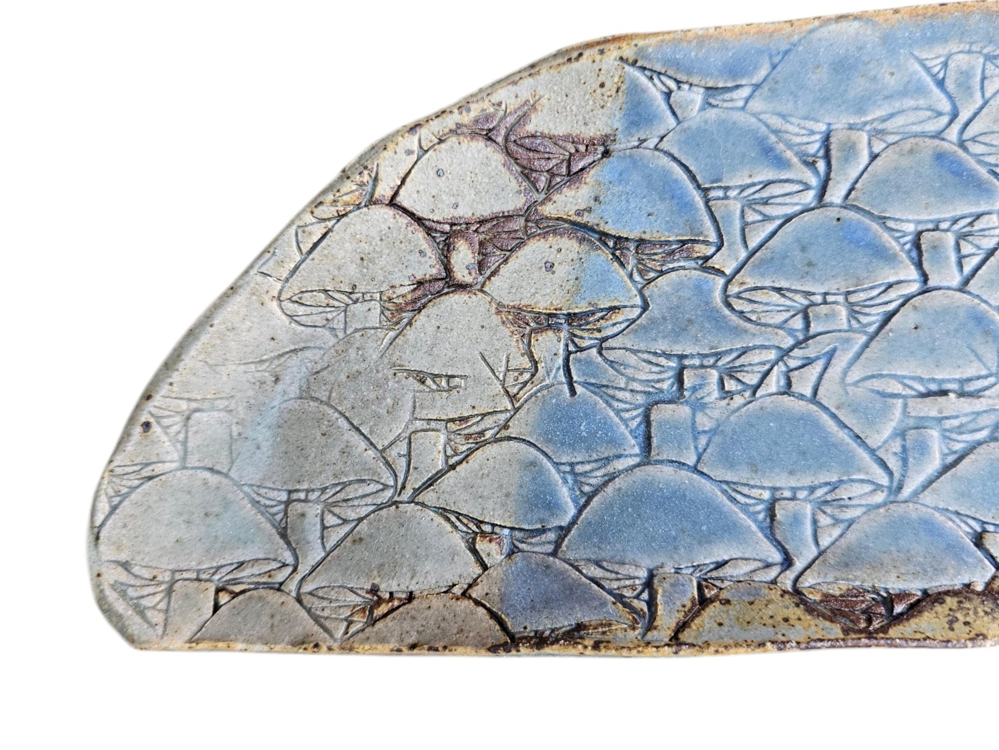 Soda Fired Ceramic Slab Plate: Blue Mushroom Texture, Rustic Sushi Charcuterie Platter