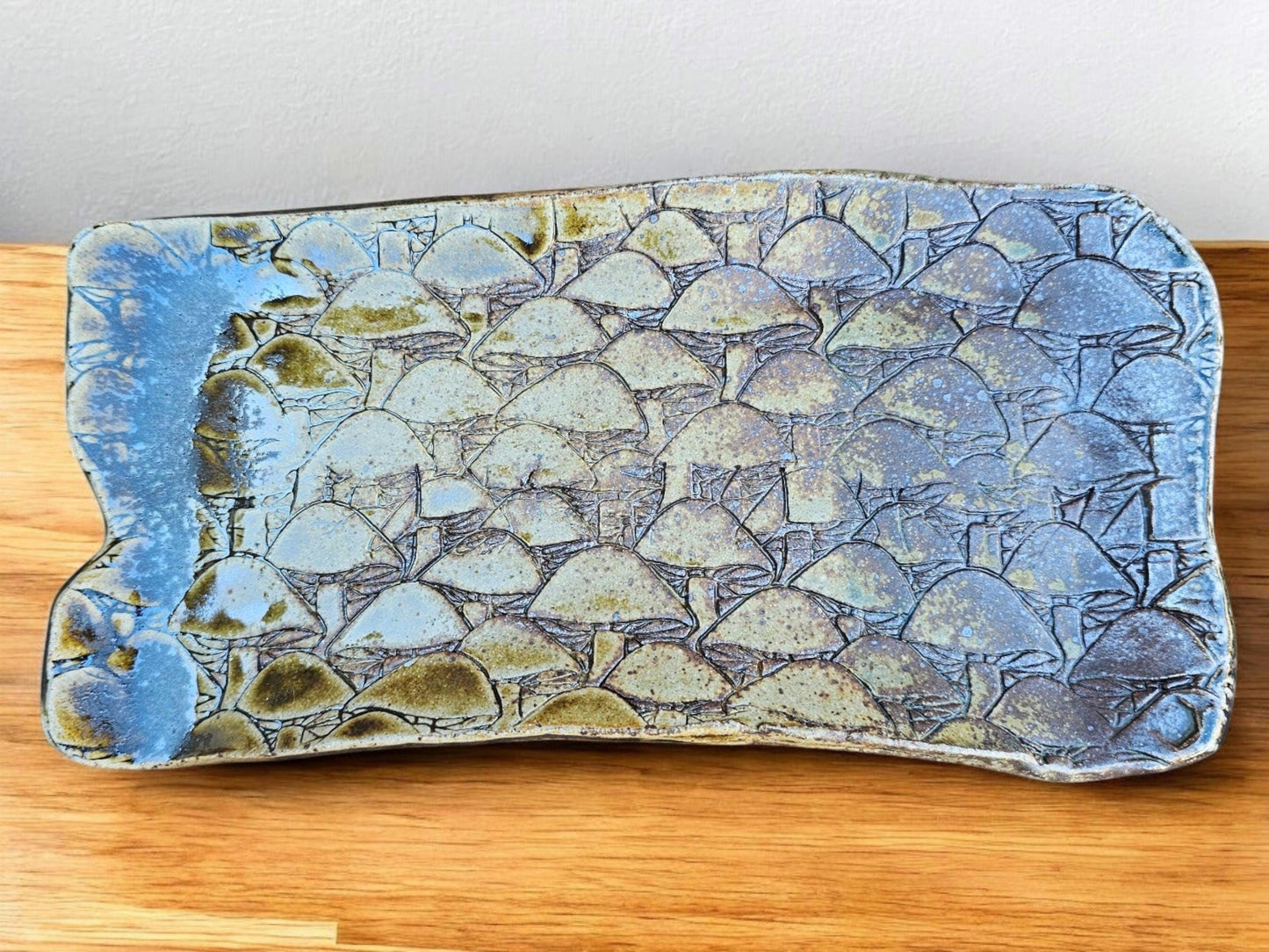 Soda Fired Ceramic Slab Plate: Mushroom Texture, Rustic Sushi Charcuterie Platter