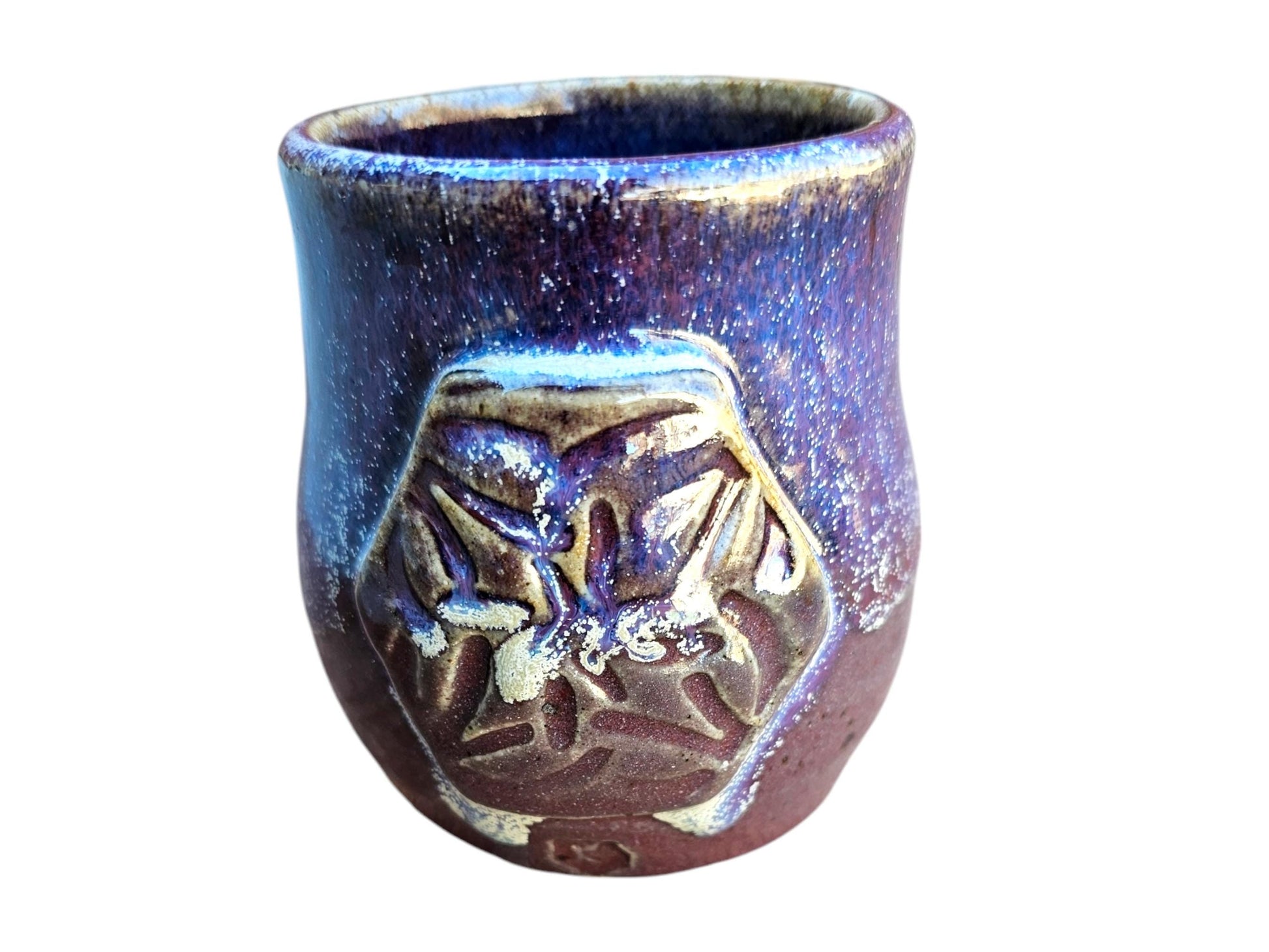 Handmade Celtic Knot Mug: Purple Titanium Crystal Pottery, 8 oz Gas Fired