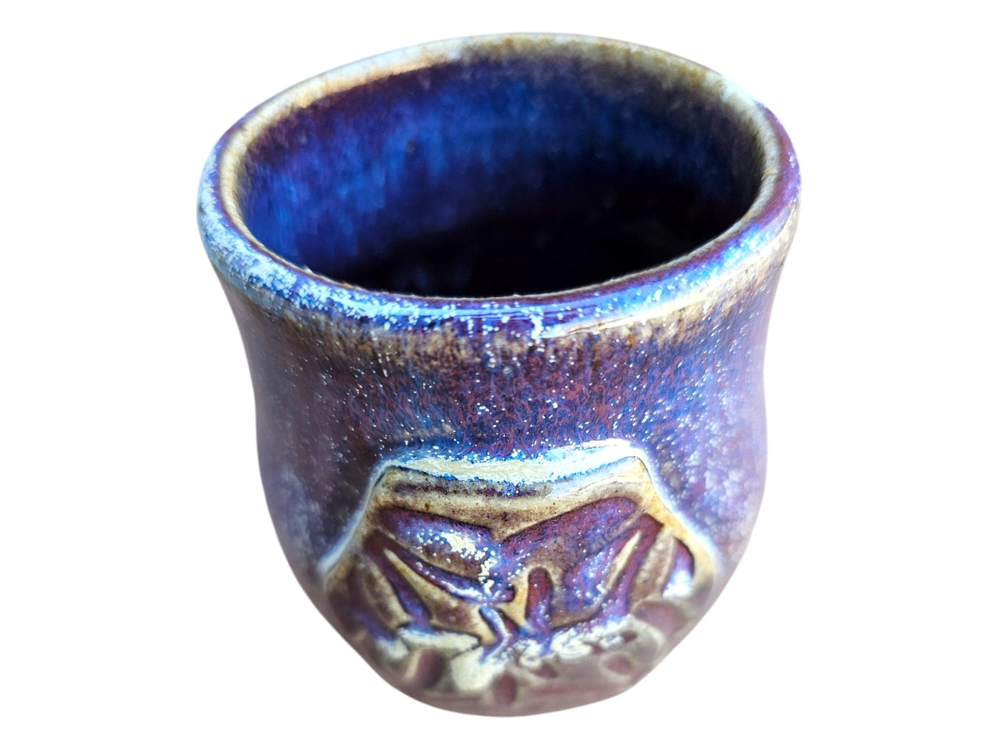 Handmade Celtic Knot Mug: Purple Titanium Crystal Pottery, 8 oz Gas Fired
